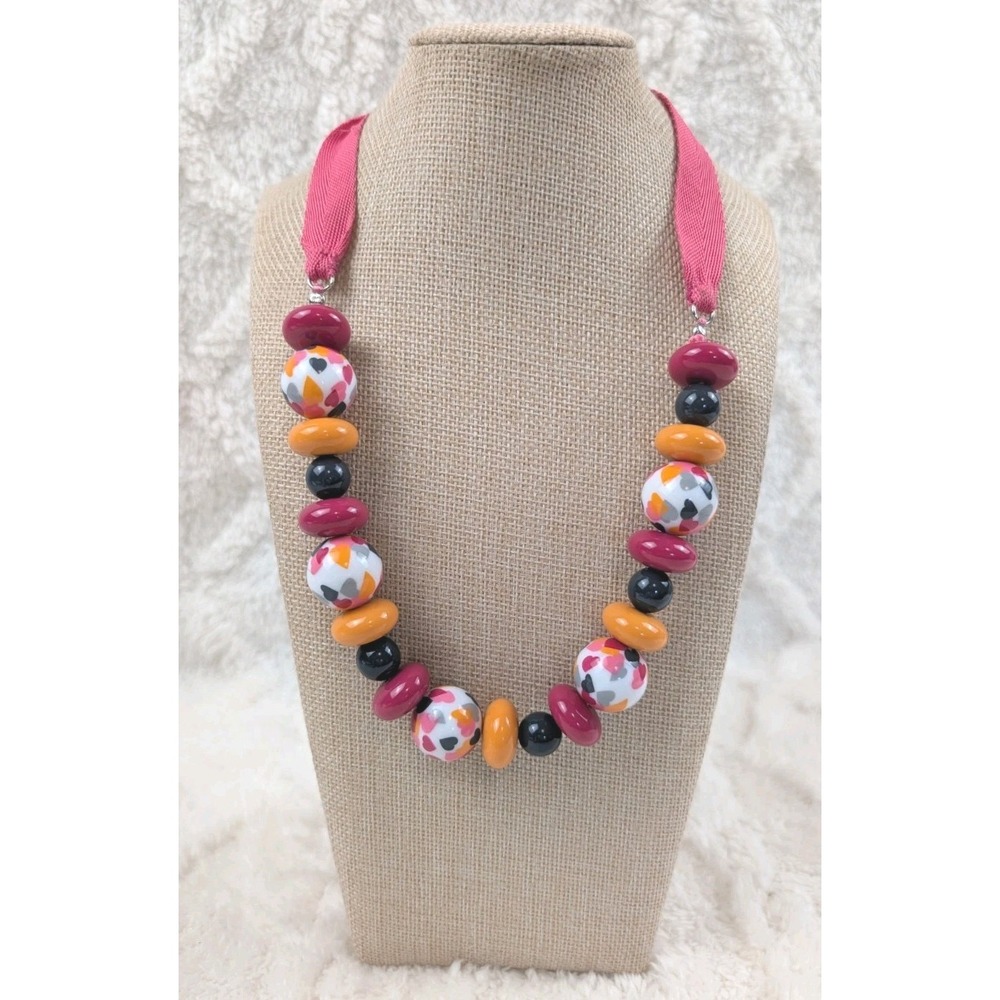 Chunky Statement Necklace Pink Orange Black White Acrylic Beads Ribbon Retro